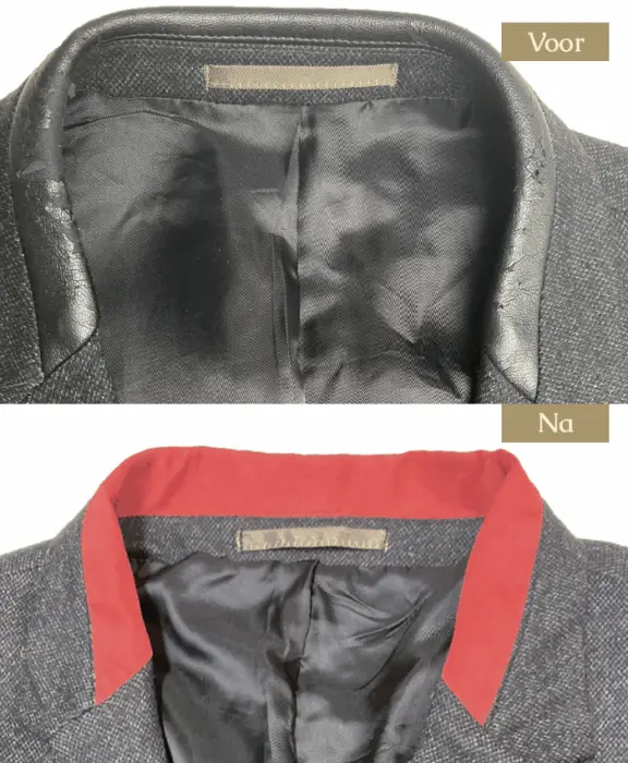 Afbeelding van 2 kragen van een blazer waarbij de voor en na situatie getoond wordt. Op het bovendeel kan je zien dt de kraag uitgerafeld is, na herstel zie je op het onderste deel een nieuw kraag in soft die nu een rood accent heeft gekregen.